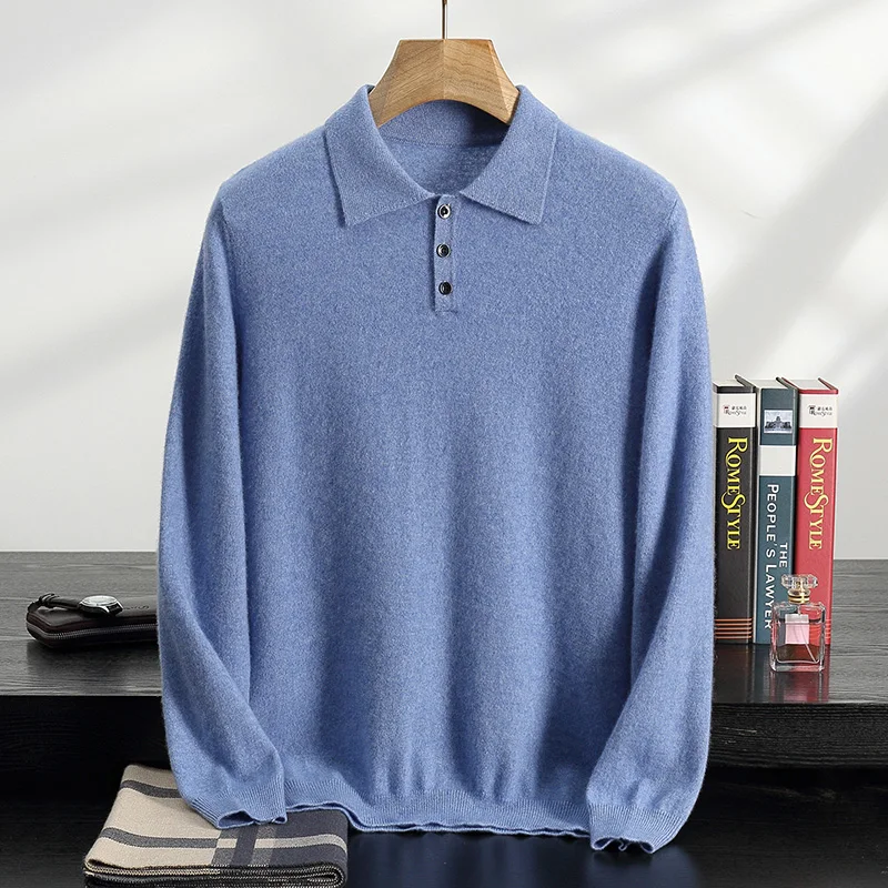 Autumn and Winter New 100% Cashmere Men's Polo Collar Knitted Sweater With  Pullover, Business Casual Sweater
