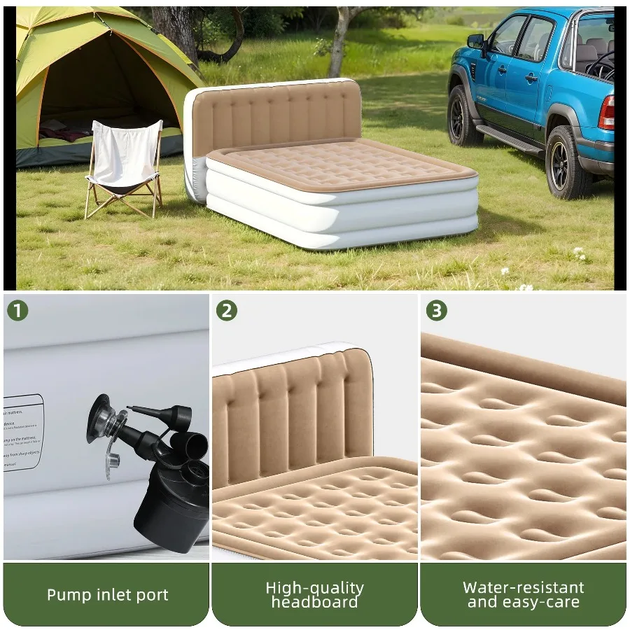 Uforic Queen Air Mattress with Pump and Integrated Headboard 18in Flocked Top Inflatable Bed Brown AirBed  Home & Guest Comfort