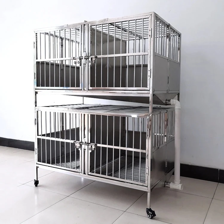Stainless Steel Pet Cage Double Stage 4 Doors Funnel Dog Cage Grooming Salon Boarding Service Heavy1 Dog Kennel