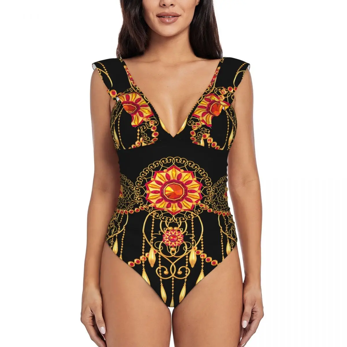 

New Arrivals Identical Sets Golden Stylized Flowers Delicate Shin Swimwear V-neck Sexy Swimming Costumes