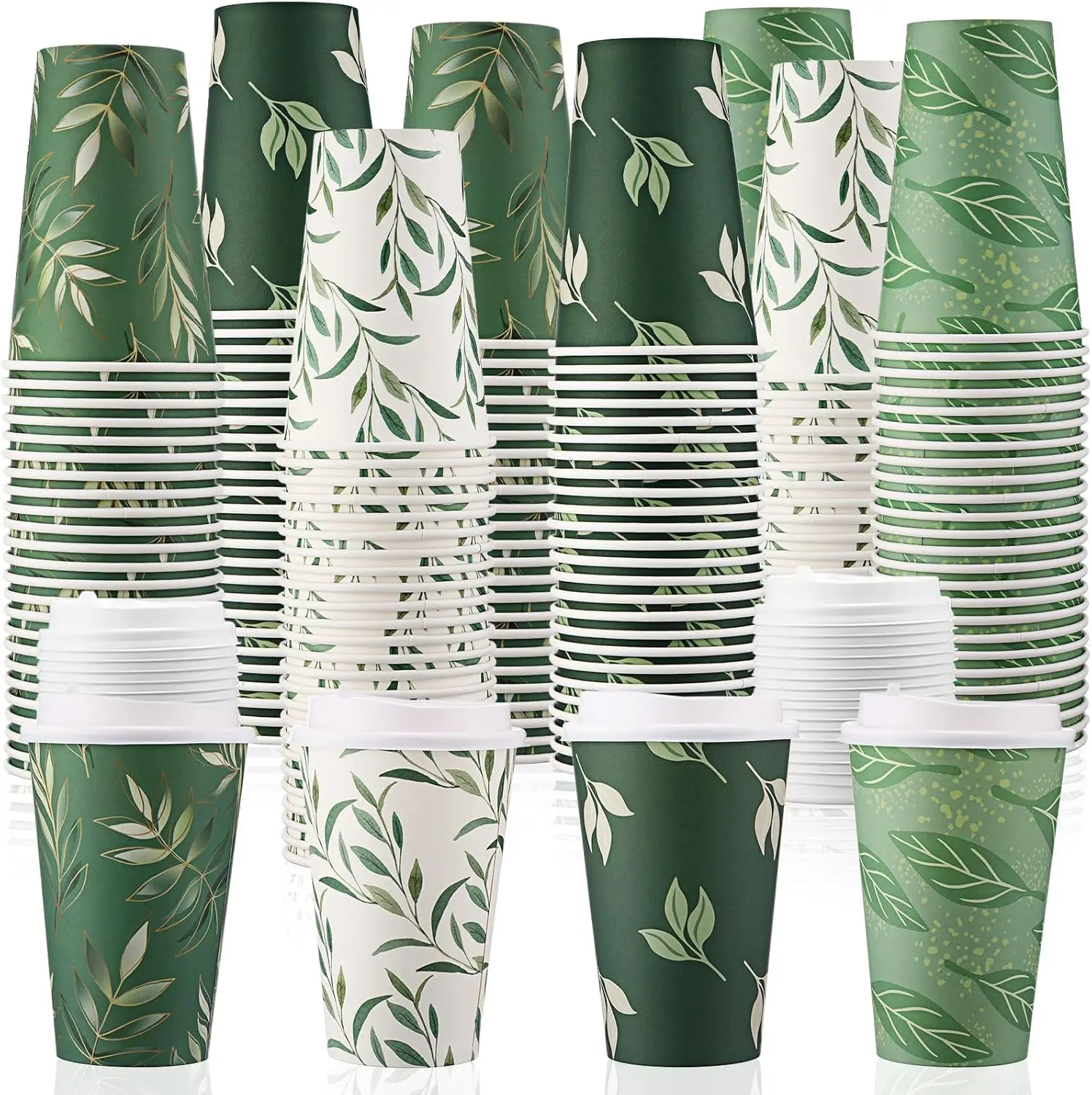 

100 Pcs 16 oz Spring Disposable Coffee Cups with Lids 4 Sage Green Themed Paper Cups Travel
