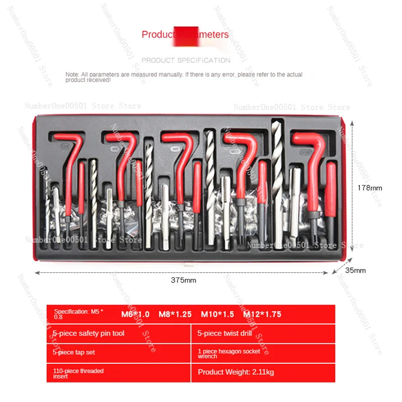 Helical thread repair kit, twist bits, M5, M6, Metric8, Metric10, M12, 131pcs.