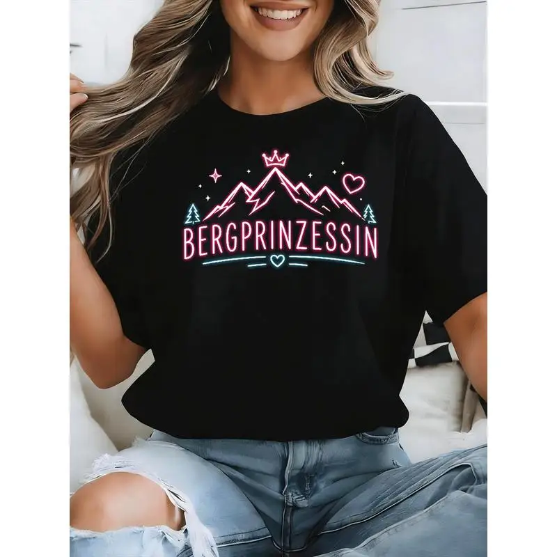 Bergprinzessin Mountain Princess Graphic T-Shirt Women Mountain Crown Heart Print Casual Short Sleeve Tee