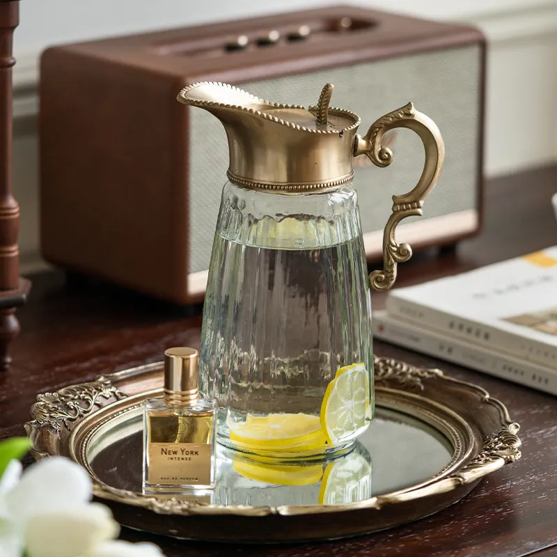 Retro Brass Glass Kettle French Engraved Glassware Large Capacity Cold Kettle Desktop Art Light Luxury Ornament