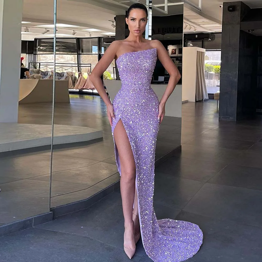 

Sparkle Prom Dresses Long Luxury 2022 Women Purple Strapless Sequin Mermaid Evening Gowns Side Split Sexy Formal Party Dress