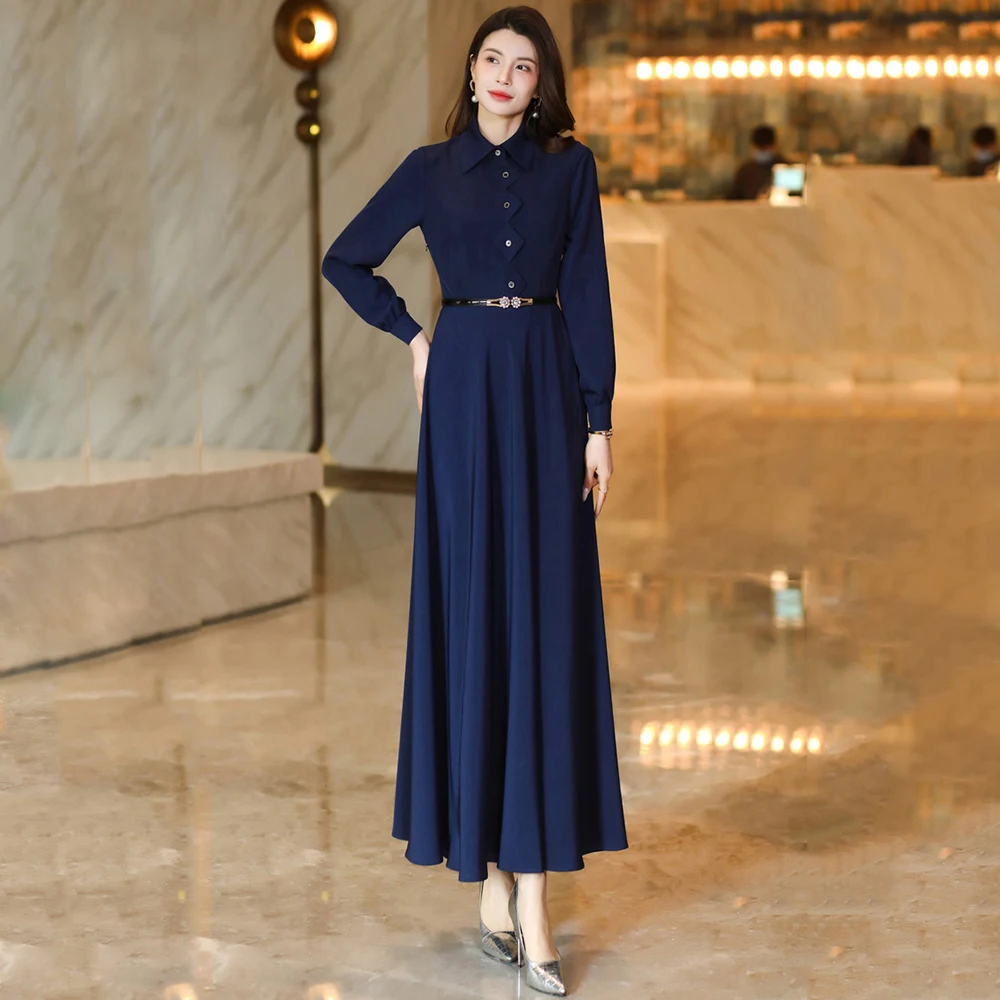 

New Women Spring Autumn Dark Blue Long Dress Fashion Turn-down Collar Long Sleeve Shirt Dress Elegant Slim Overlength Dress