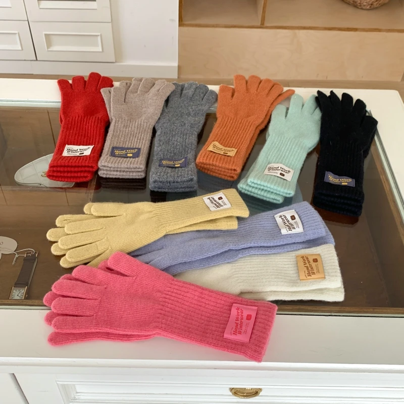 Guantes de punto con pantalla táctil para mujer, manoplas cálidas de invierno, Color sólido, a la moda