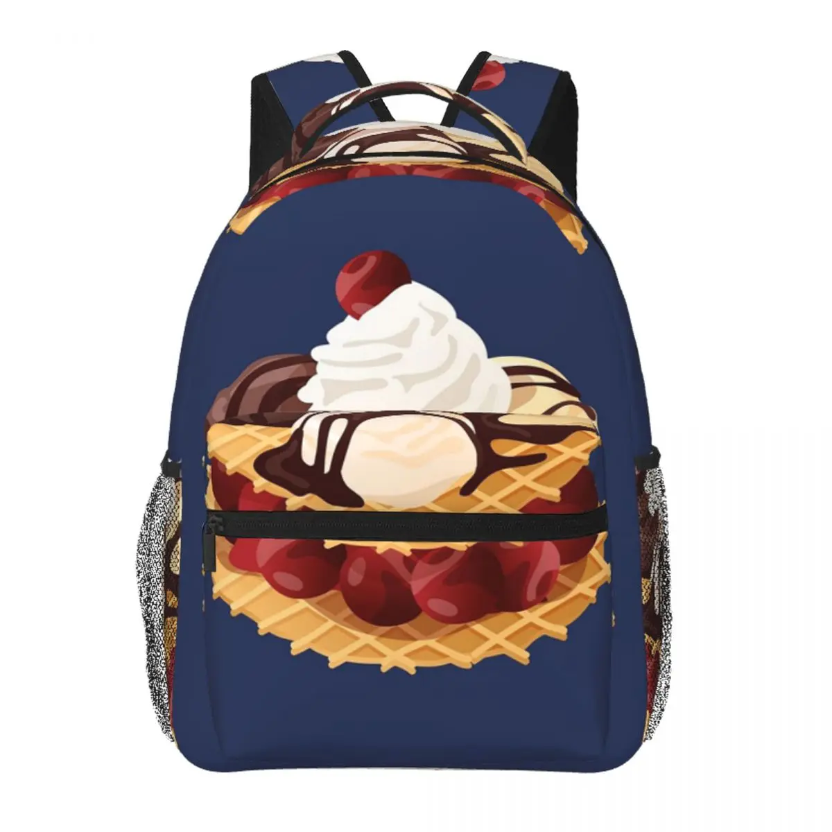 Cherry Vanilla Chocolate Ice Cream And Waffles Backpack Student BookBag Kids School Bag Laptop Shoulder Bags for Men Women