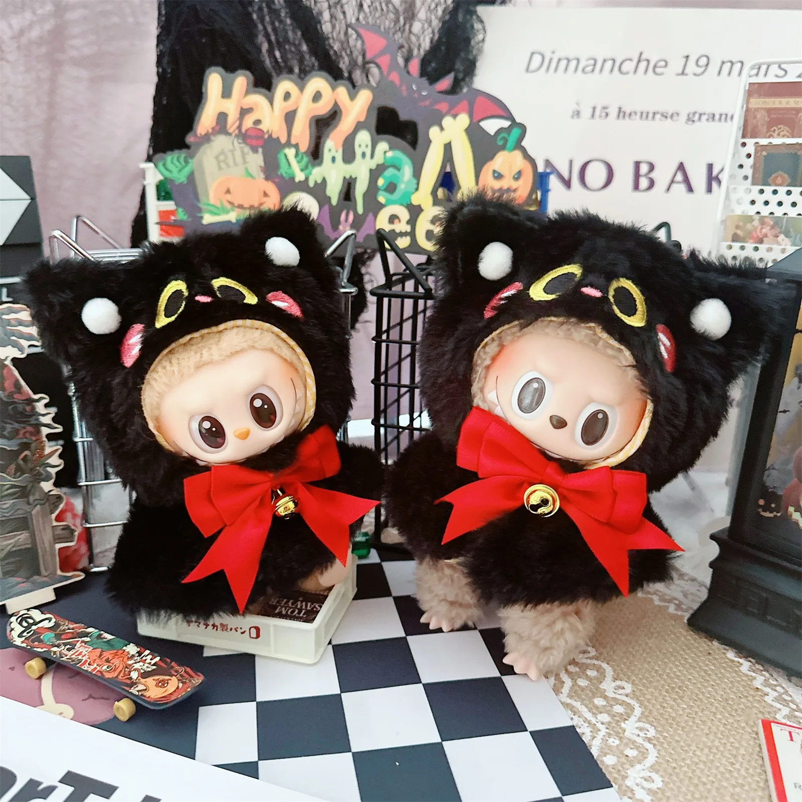 

Doll Clothes for 17CM LABUBU All Saints' Day Suit Black Cat Head Cover Cloak Jingle Bells Shawl Plush Cotton Doll Dress Up Game