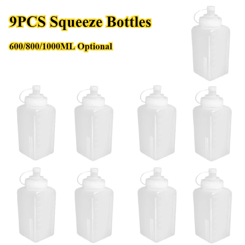 9PCS 600/800/1000ML Squeeze Sauce Bottles Condiment Dispenser Large Mouth Dustproof Kitchen Seasoning Salad Sauce Oil Bottle