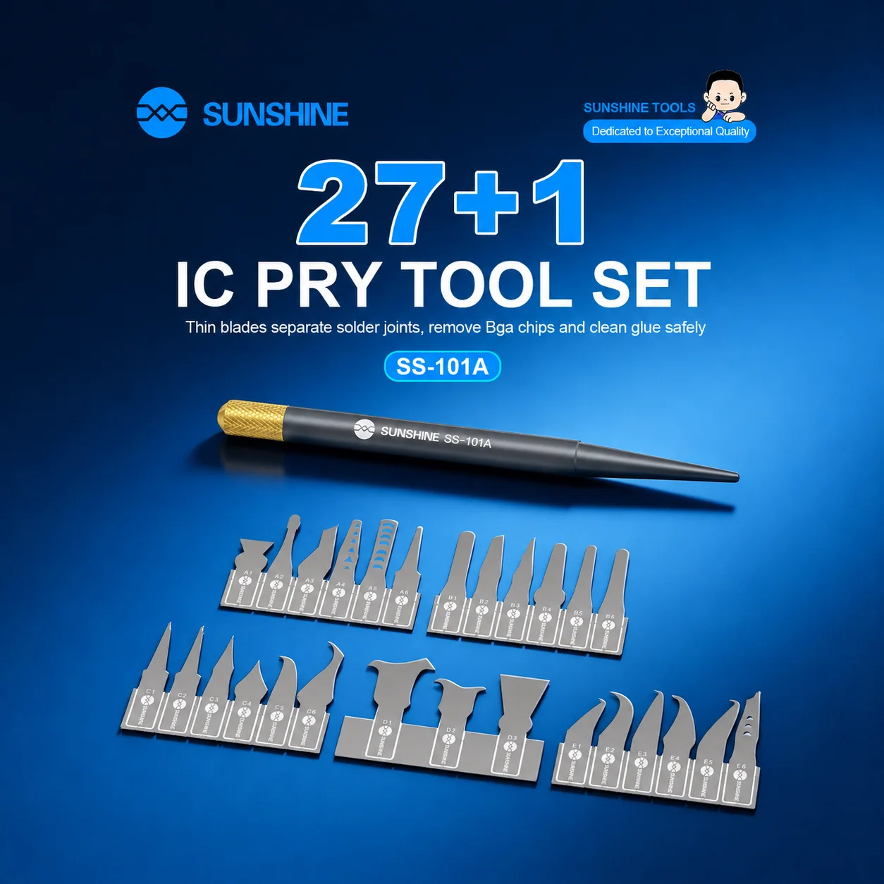 SUNSHINE SS-101A 27+1 IC Pru Tool Set for Phone Repair PCB BGA CPU Hard Drive Chips Solder Pads Prying Adhesive Removal Tools