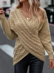 Women Sweater 2024 V-neck Knitted Off Winter Pullovers Spring Warm Autumn Cross Jacquard Jumpers Gray Y2k E-girl Jumper Work