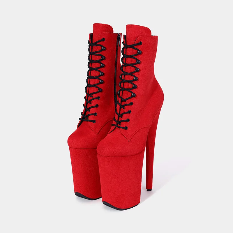 

LAIJIANJINXIA New 23CM/9inches Red Flock Sexy Exotic High Heel Platform Party Women Model ANKLE Boots Pole Dance Shoes