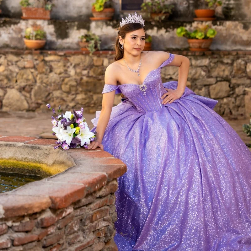 

Shiny Purple Quinceanera Dress off-shoulder Glitter Crystal Decal Long tail Bow vestidos de 15 Quinceanera ﻿Customize