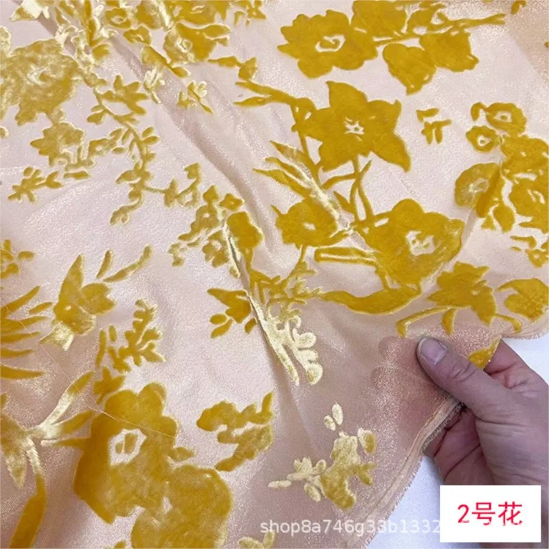 140cm-width hollowed-out gold thread jacquard velvet silk fabric light and transparent dress skirt