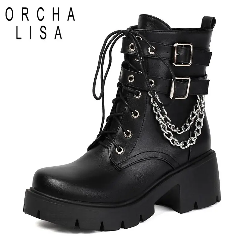 

ORCHA LISA 2025 Повседневные женские ботильоны с круглым носком, толстым каблуком, 6 см, на платформе, на молнии, на шнуровке, с цепочкой, большие размеры 42 43 44 Daily Bota