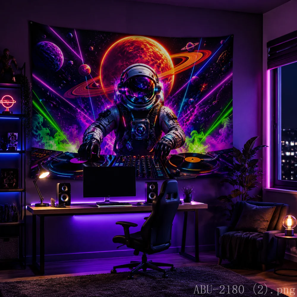 VIKAMA Psychedelic Space DJ Tapestry, Vibrant Astronaut & Turntable Wall Hanging, Modern Home Decor