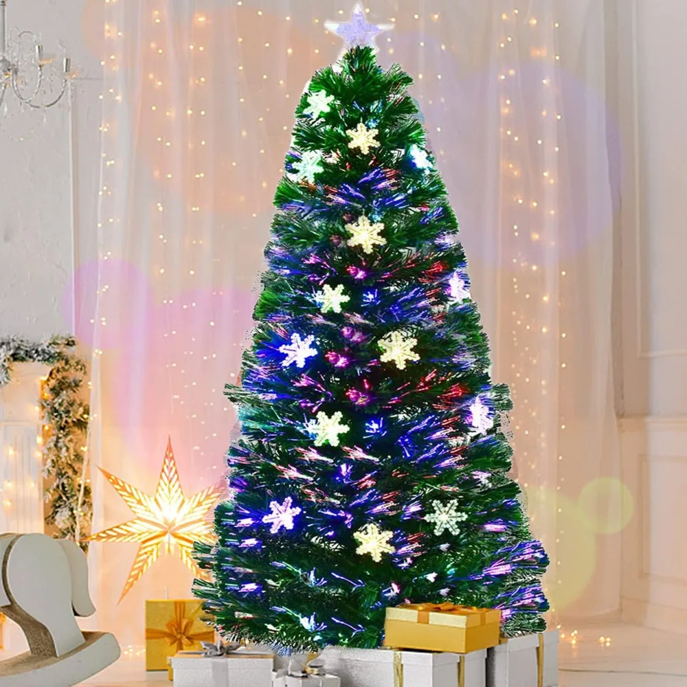 4 5 6 7FT شجرة عيد الميلاد المصنوعة من الألياف الضوئية المضاءة مسبقًا مع أضواء رقاقات الثلج LED
