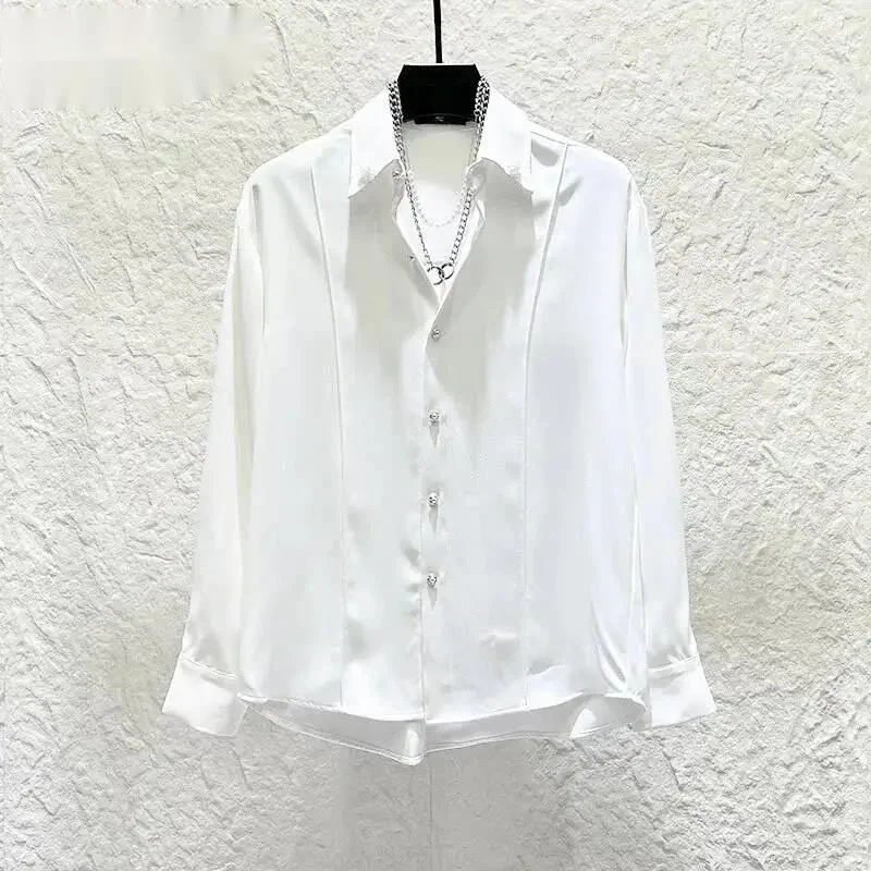 Lapel Long Sleeve Casual Shirt Mens Silky Drape Fabric Side Pleated Detail Minimal Versatile Daily Male Shirts CE4D