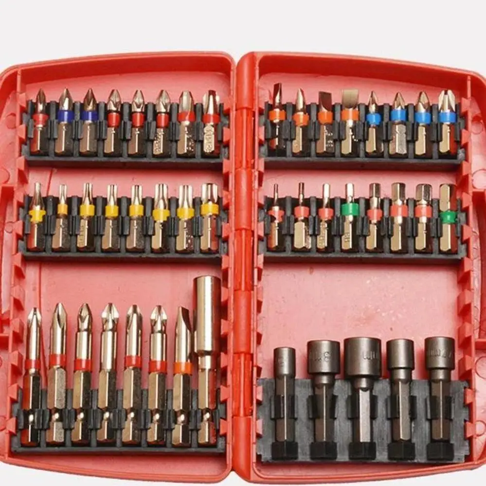 

Набор из 45 бит для ударного шуруповерта из стали S2, магнитные, для гаек, с плоским, крестообразным, Torx-наконечником, для металла, дерева, пластика, плитки, гипсокартона