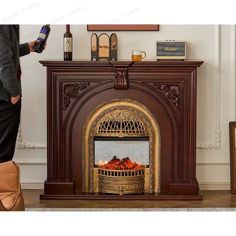 

American antique fireplace Solid wood bird cage Living room French retro fireplace Simulation fire decorative cabinet Wall