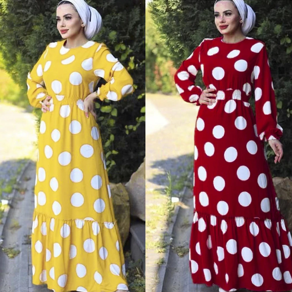 

Polka Dot Print Long Dresses For Women African Turkey Maxi Robe Muslim Fashion Abayas Ankara Dashiki Outfits Gown Ladies Clothes