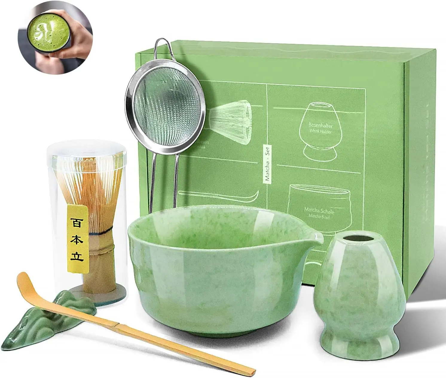 

Набор венчиков для матча: японский набор матча с керамической чашей, сито для матча и держателем, бамбуковый совок, подставка для совок, венчик, 6 шт., 18 унций