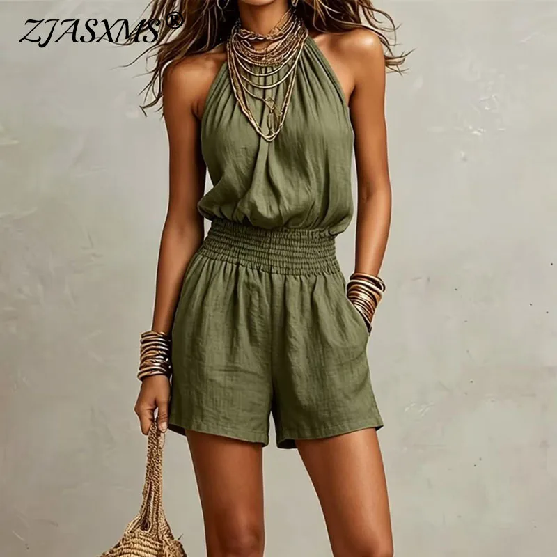 Elegant Solid Halter Neck Short Jumpsuit Women Sleeveless High Waist Wide Leg Pockets Romper Casual Summer Beach Retro Playsuits