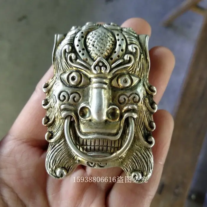 Ware Collection: White Copper, Gilded Silver, Men's Belt Buckle, Dominant, Auspicious Beast, Old Man