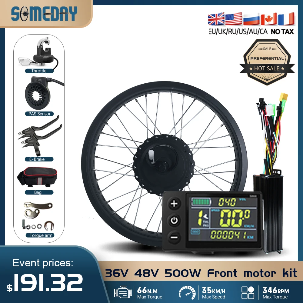 36V/48V 500W Fat E-Bike Conversion Kit for Snow Electric Bicycle Brushless Hub Motor beach bike Front Wheel 20/24/26inch 4.0Tyre