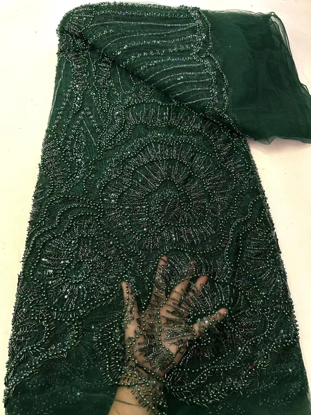 5 YardsAfrican Brown Beaded Sequins Lace Fabrics Royal Blue Beads Tulle Lace Fabric Embroidered Lace Fabrics for Sewing view 5