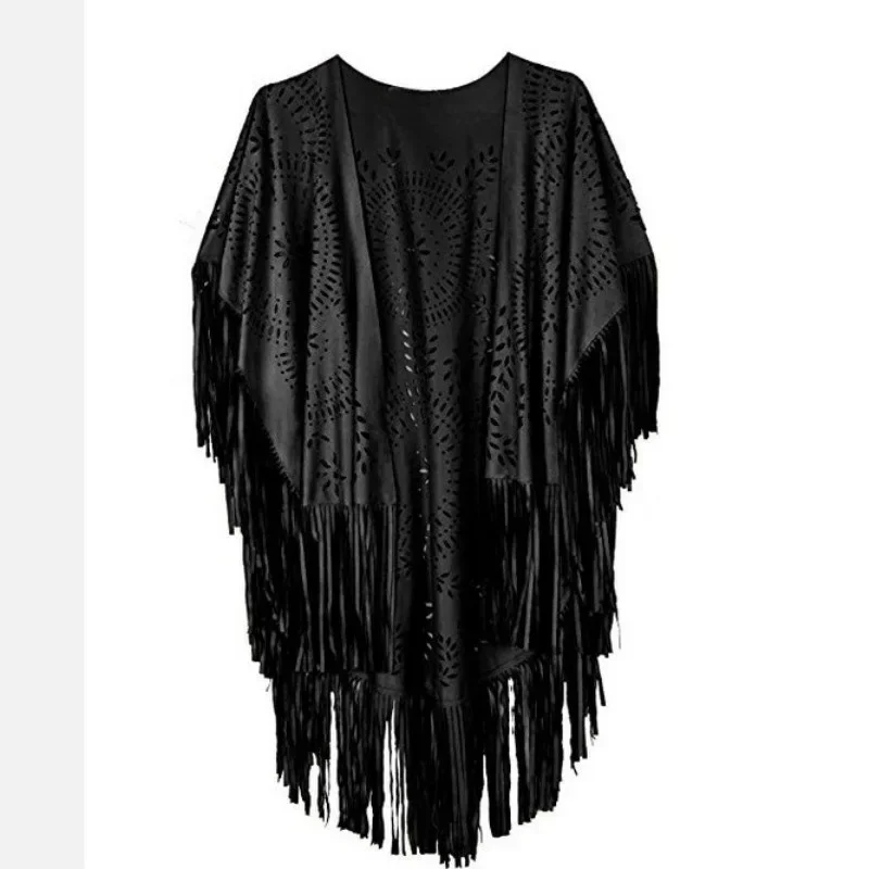 Women's Bohemian Suede Poncho - Autumn Floral Pattern with Fringes & Pom-Poms, Oversized Cardigan Cape