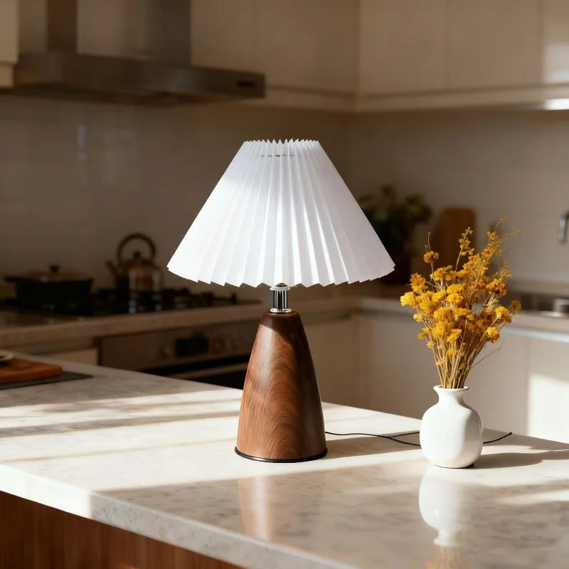 

Walnut Wood Cone Table Lamp, Pleated Retro Bedroom Bedside Lamp, Imitation Wood Grain Ins Style Decorative Ambient Night Light