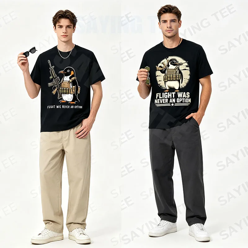 Flight Was Never An Option Tactical Penguin Funny Bird Meme T-Shirt Y2k Tactical Parody Cotton Short Sleeve Blouses Novelty Gift