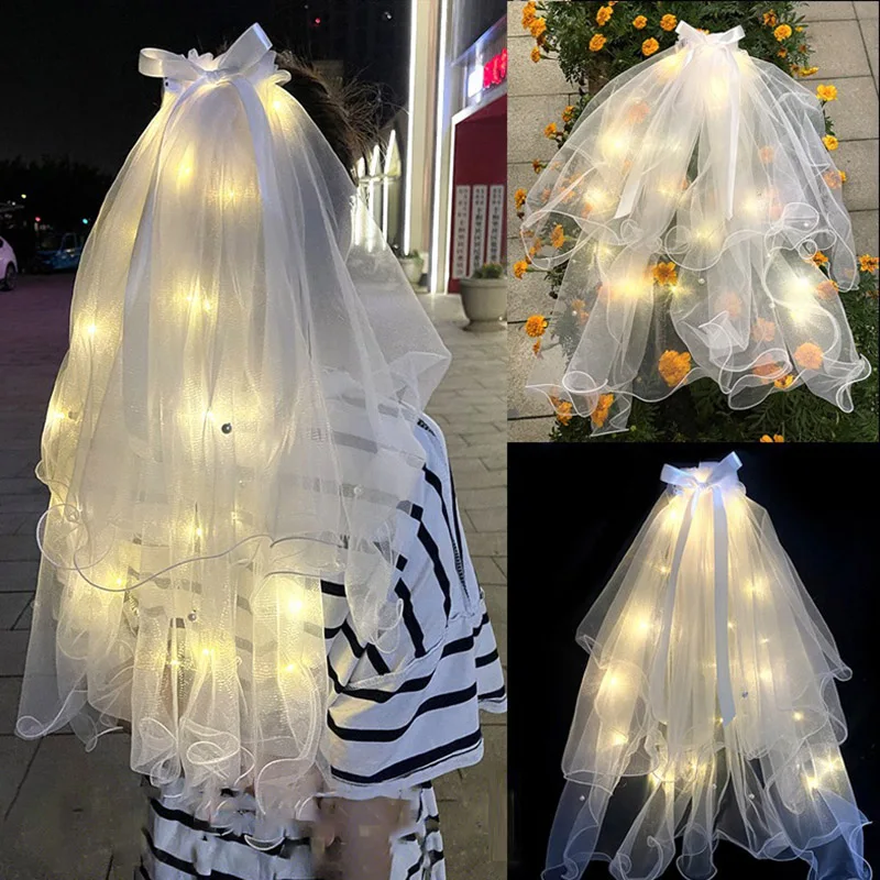 Double Layer Glow Wedding Veil LED Light Pearl Veil Glow In The Dark Party Favor Wedding Birthday Party Cosplay Hair Accessory