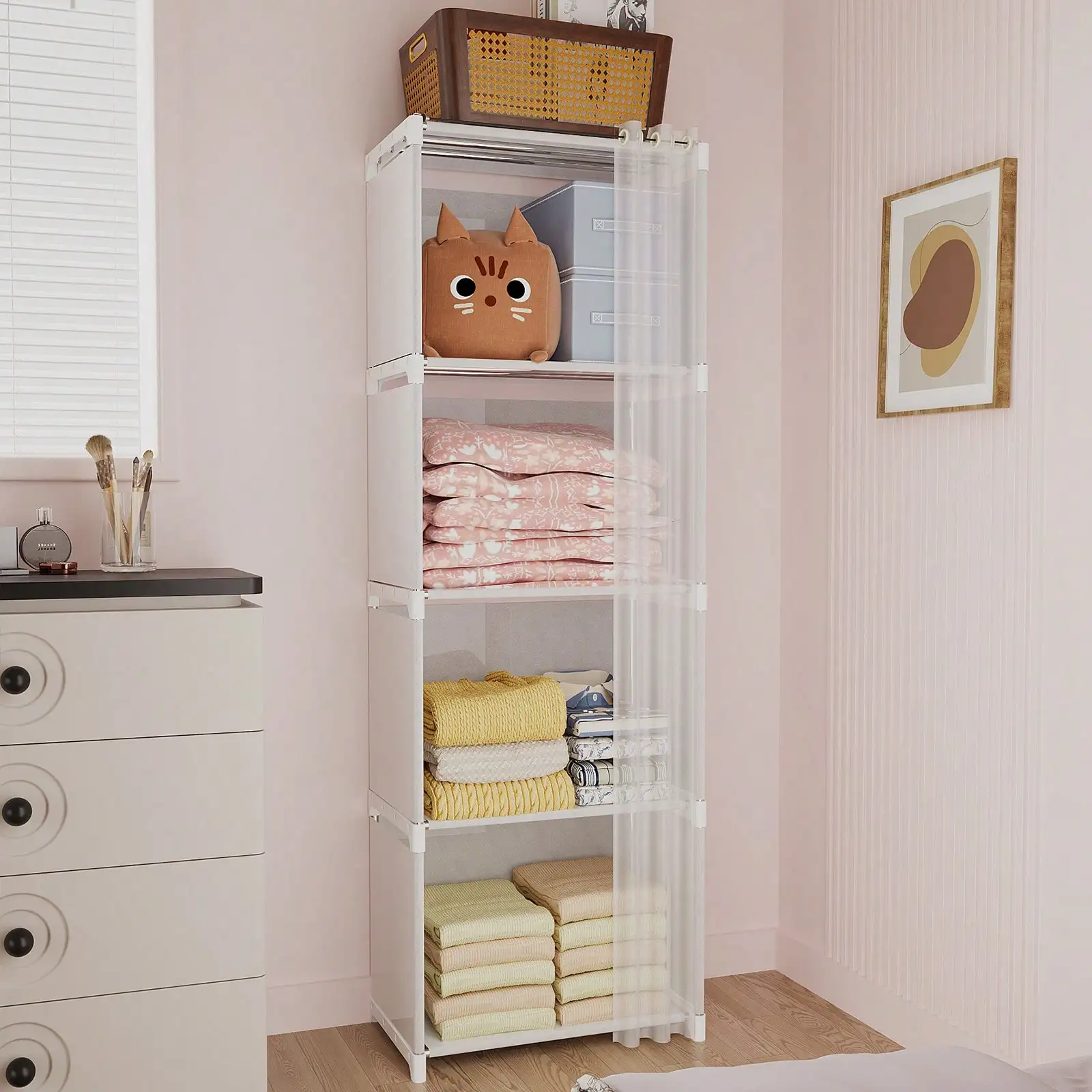 1pc 4tier Portable Wardrobe Closet, White/Black Easy Assembly Cloth Storage Cabinet For Home, Rental House, Dorm Bedroom