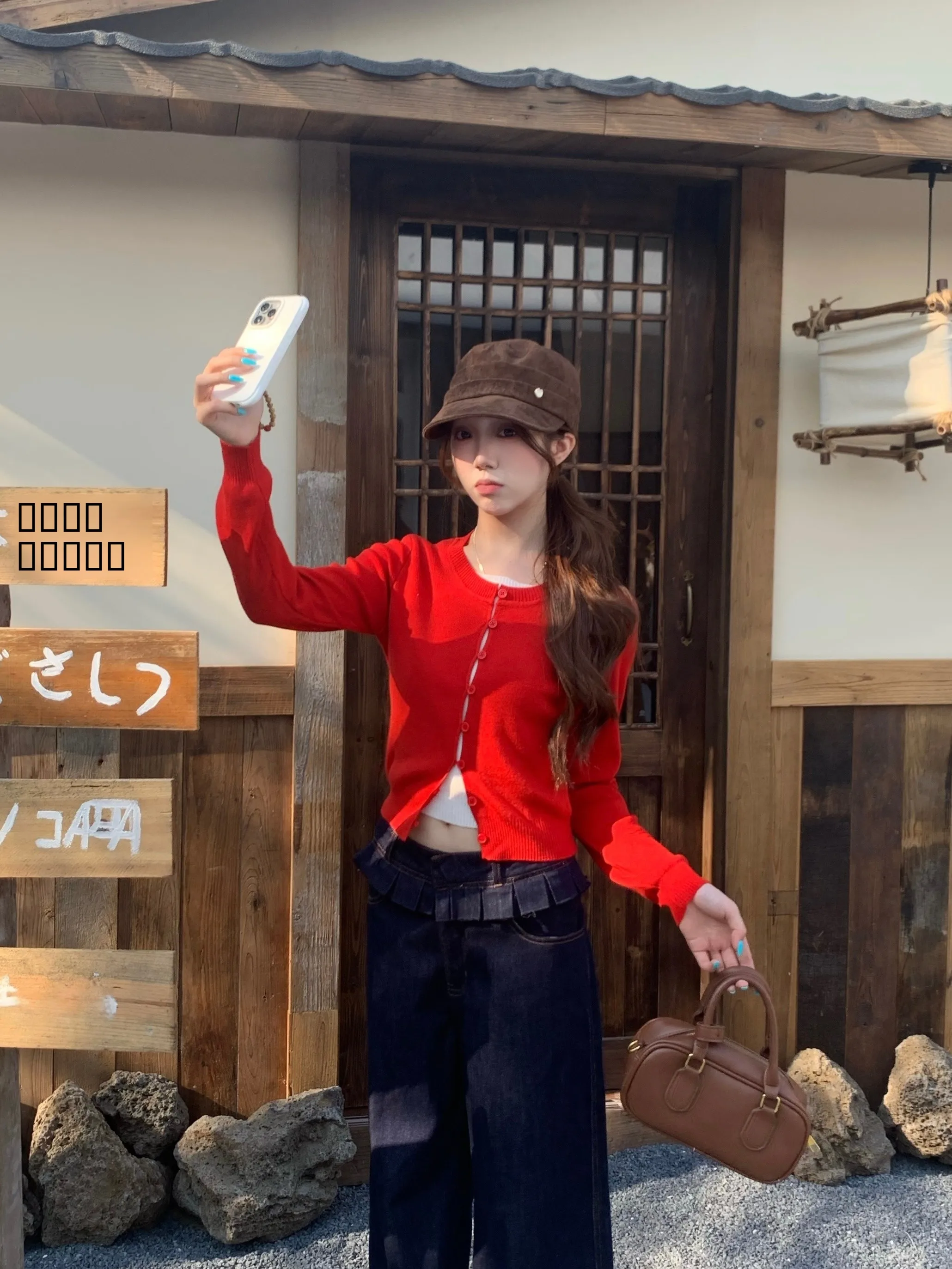 

DOMX Осень 2025 Женский вязаный свитер с длинным рукавом, красный, тонкий, имитация двухслойности, мягкий, в корейском стиле, приталенный, для повседневной носки