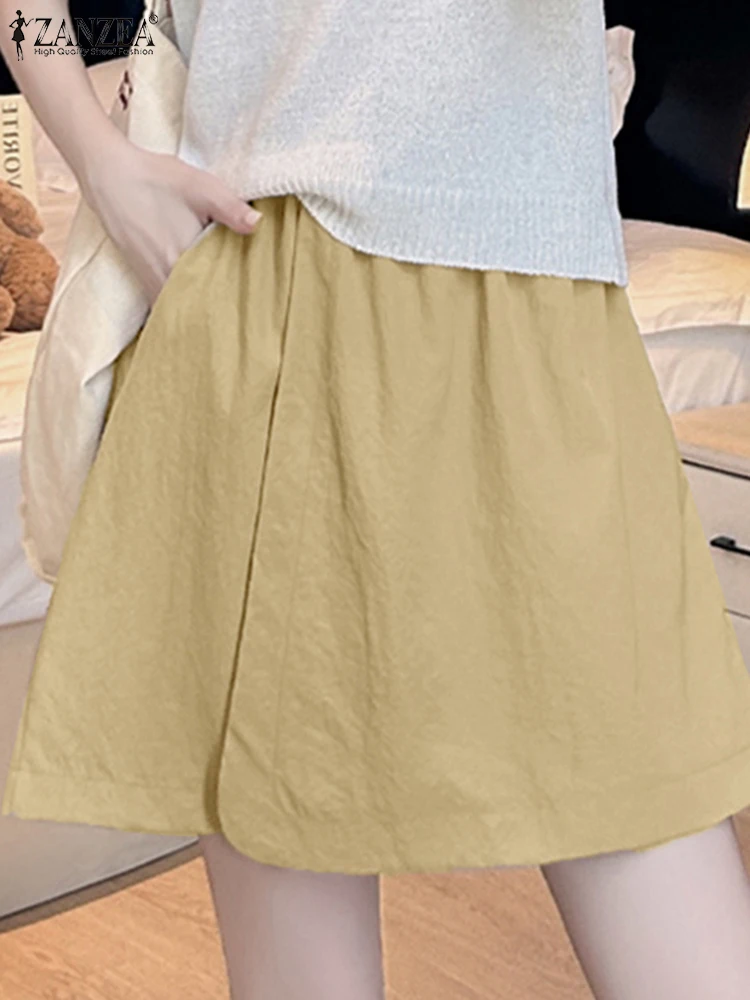 ZANZEA 2025 Fashion Women Shorts Skirts Summer Pants Elastic Waist Pantalons Pockets Casual Solid Color Wide Leg Shorts Oversize