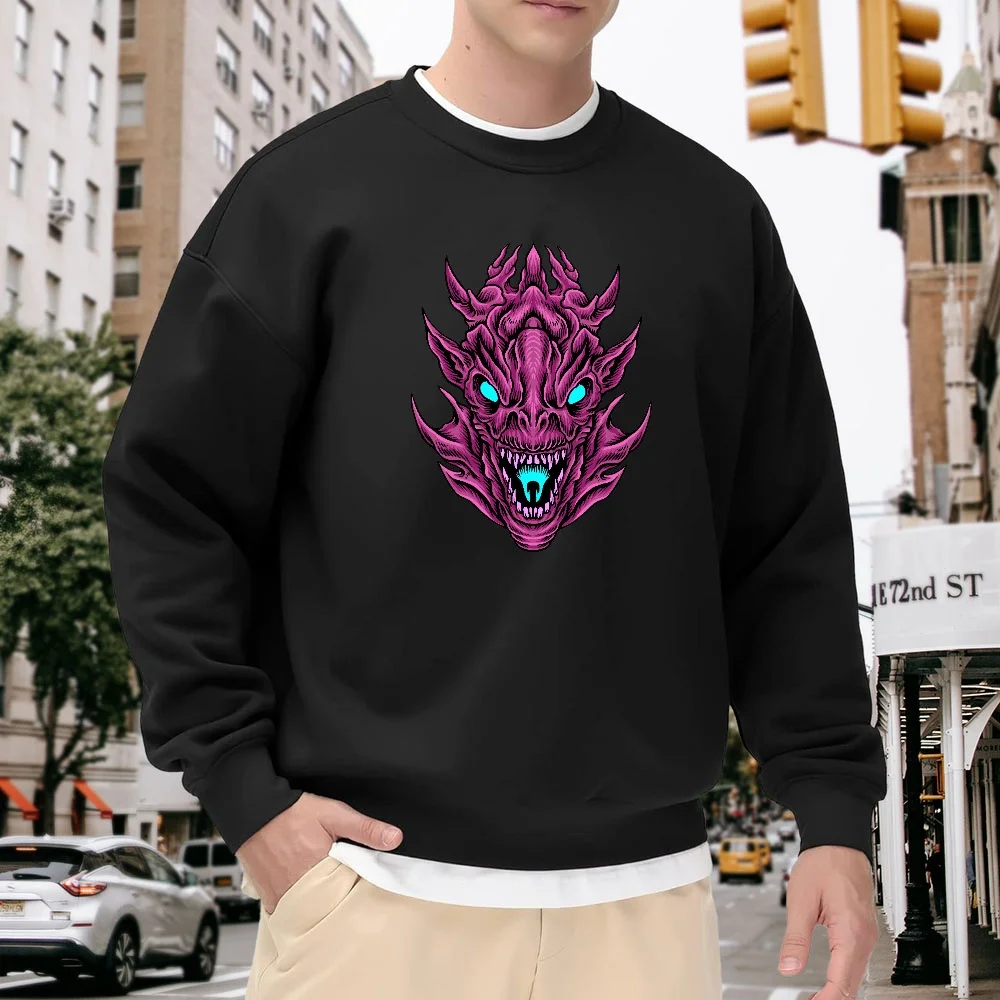 

Men's Black Round-Neck Loose Sweatshirt, Personalized Dragon-Shaped Print Pullover, Street Fashion Casual Top, Versatile and Comfortable for Everyday Wear and Sports