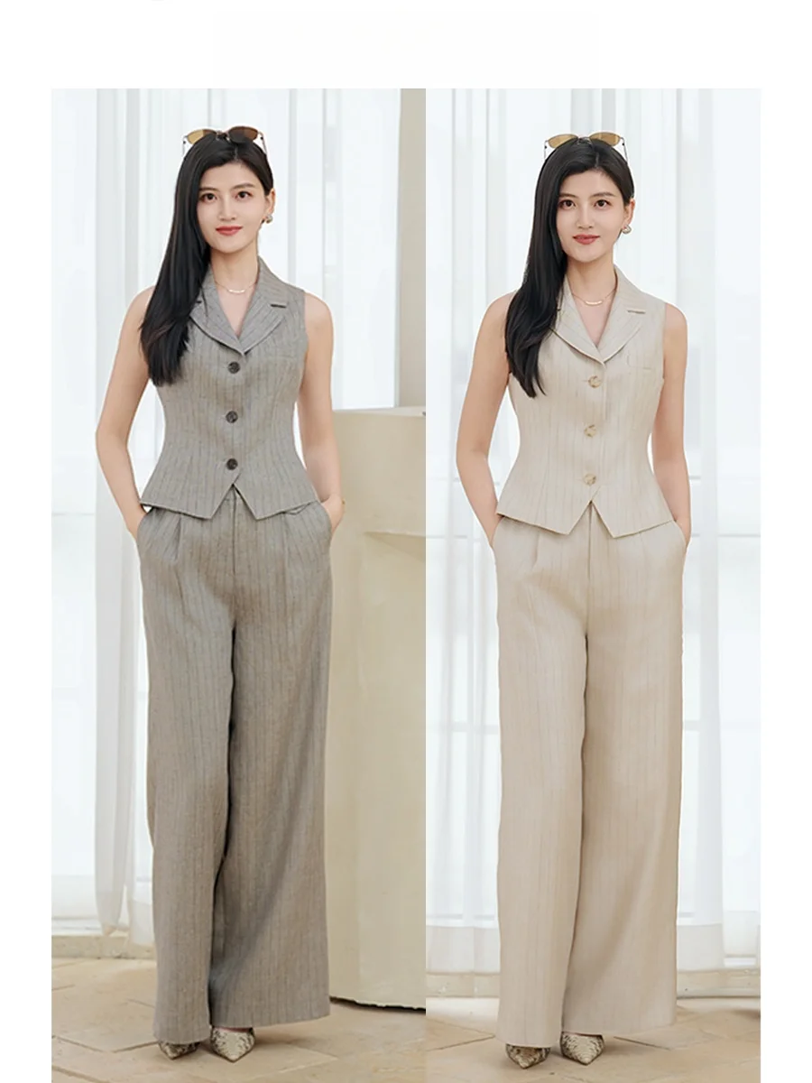 

Olivia Wang Slimming Linen Stripe Sleeveless Sequin Wide Leg Pants Two Piece Set Fashionable Spring Collection Women's Wear