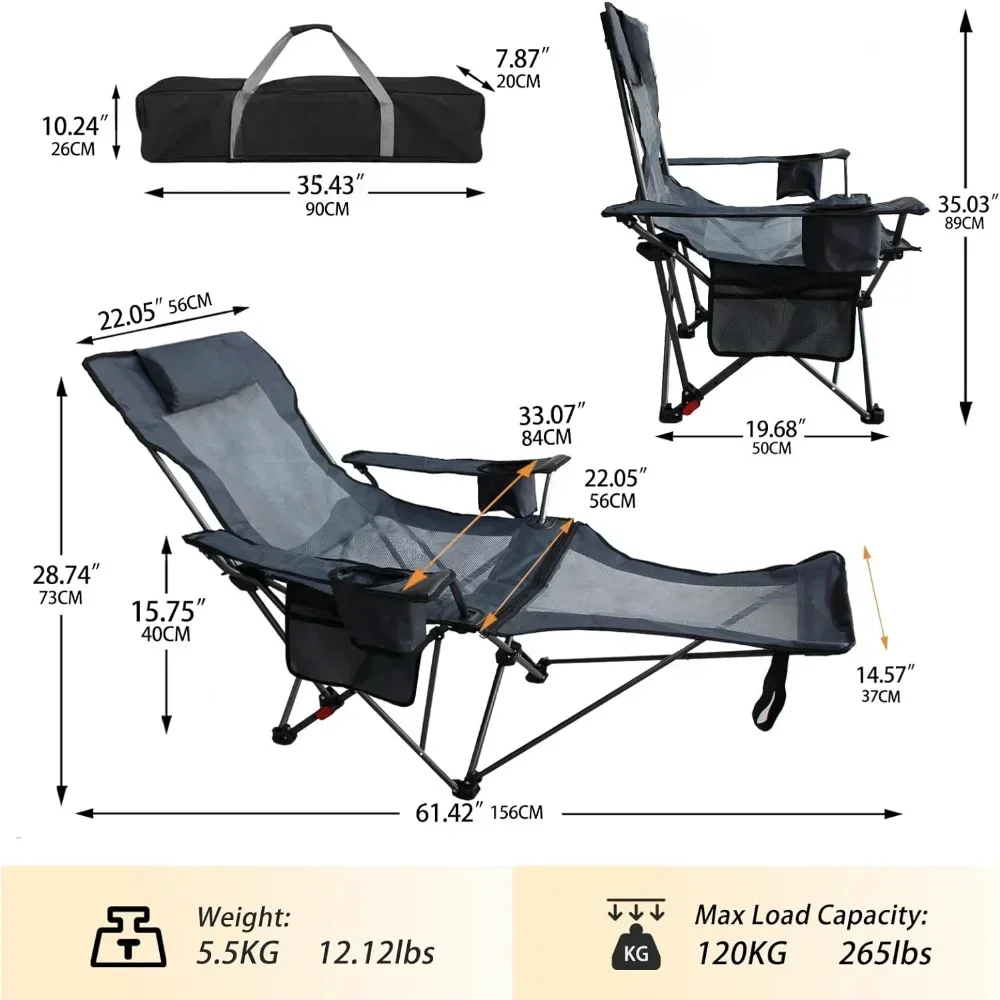 Reclining Camping Chair with Removable Footrest Lounge Chair with Headrest, Cotton Cushion, Portable Adjustable Folding Chairs