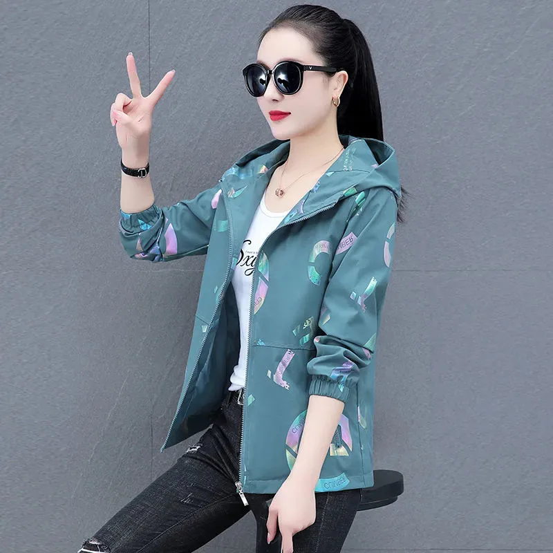 

Fashion Printed Short Jacket Women Spring Autumn Coat Baseball Uniform Loose M-5XL Hooded Jackets Zipper Pocket Outerwear Female