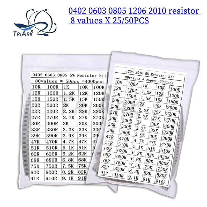 

4000PCS 2000PCS 80values Resistor kit 0402 0603 0805 1206 1210 5% 10R~910K 100R 820R 1K 3K 7.5K 10K 62K 39K 100K ohm sample pack