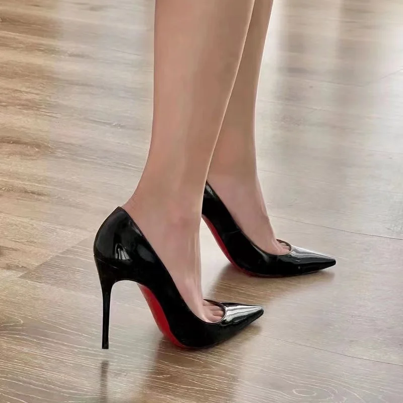 Schwarze Elegante High Heels für Damen mit Glänzender Roter Unterseite Luxusmarke Damen-Absatzschuhe 2025 Trend Spitze Sexy Party-Pumps Damenschuhe – Detail 4