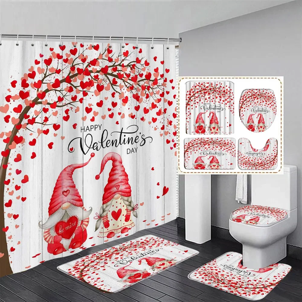 Valentine's Day Shower Curtain Rug Bathroom Set Love Tree and Elf Polyester Fabric Tapestry and Bath Mat Art Bathroom Decoration