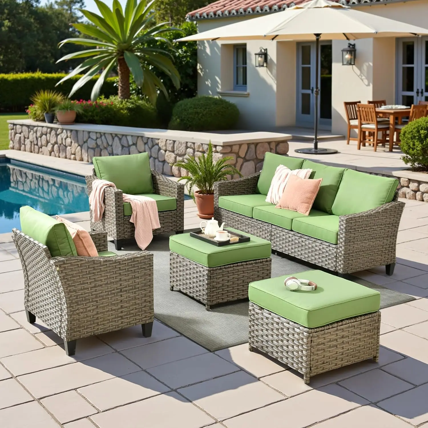 

5 Pcs Patio Conversation Set for 7 Seats, Rattan Wicker Outdoor Patio Furniture Set, 2 x Single Chair, 2 x Ottoman,, Customized