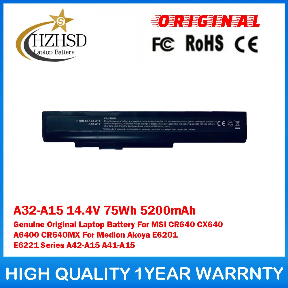 A32-A15 14.4V 75Wh 5200mAh Genuine Original Laptop Battery For MSI CR640 CX640 A6400 CR640MX For Medion Akoya E6201 E6221 Series
