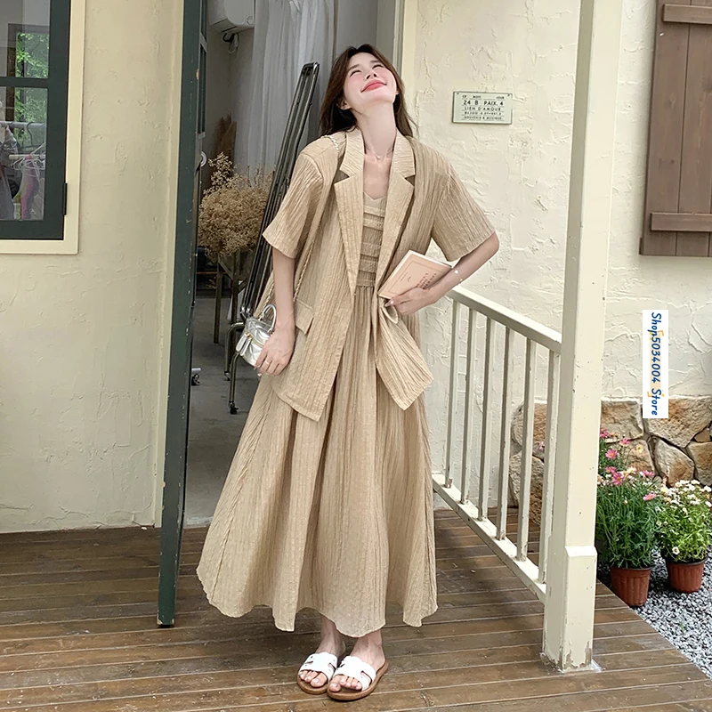 Khaki Sling Dress and Blazer Coat Two Piece Sets Women Outfits 2024 Summer Short Sleeve Loose Elegant Korean Style Suits 1108