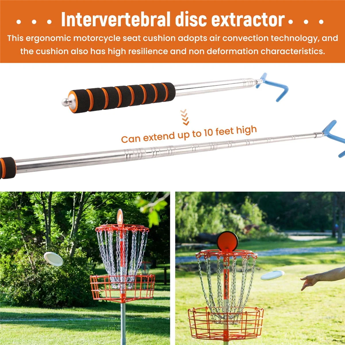 B13C  Disc Golf Retriever Disc Golf Grabber 10 Feet Portable Telescoping Pole with Durable Hook for Outdoor Flying Disc