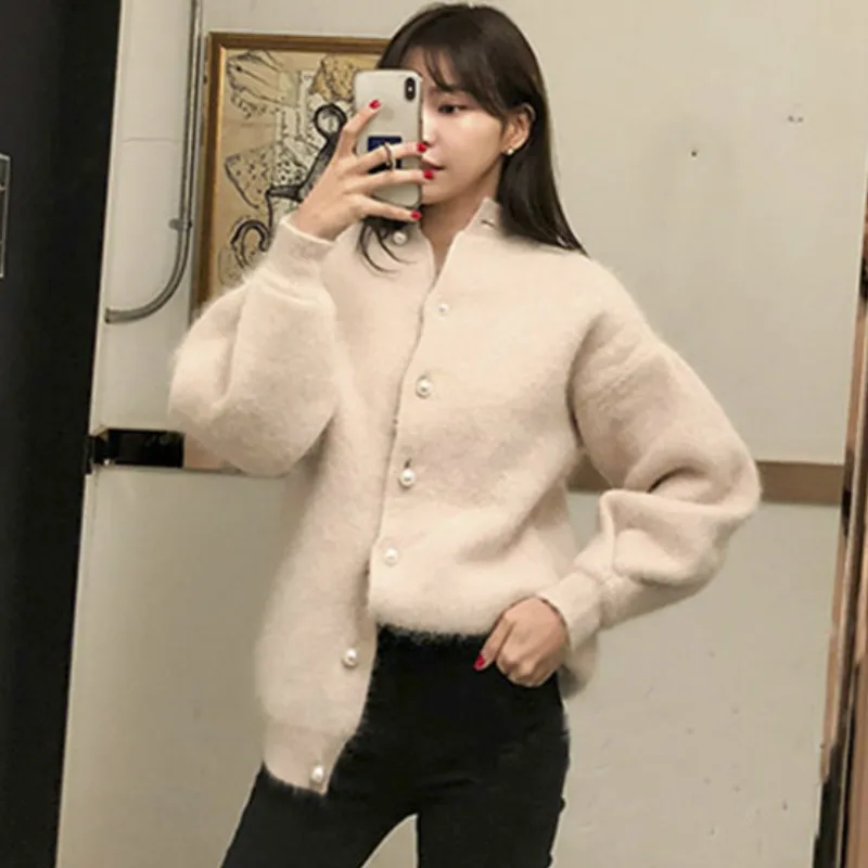 Chic Pearl Fluffy Mohair Beaded Sweater Lantern Sleeve Knit Cardigan Button Sweater Sweater Velvet Jacket Oversized Sweater Top